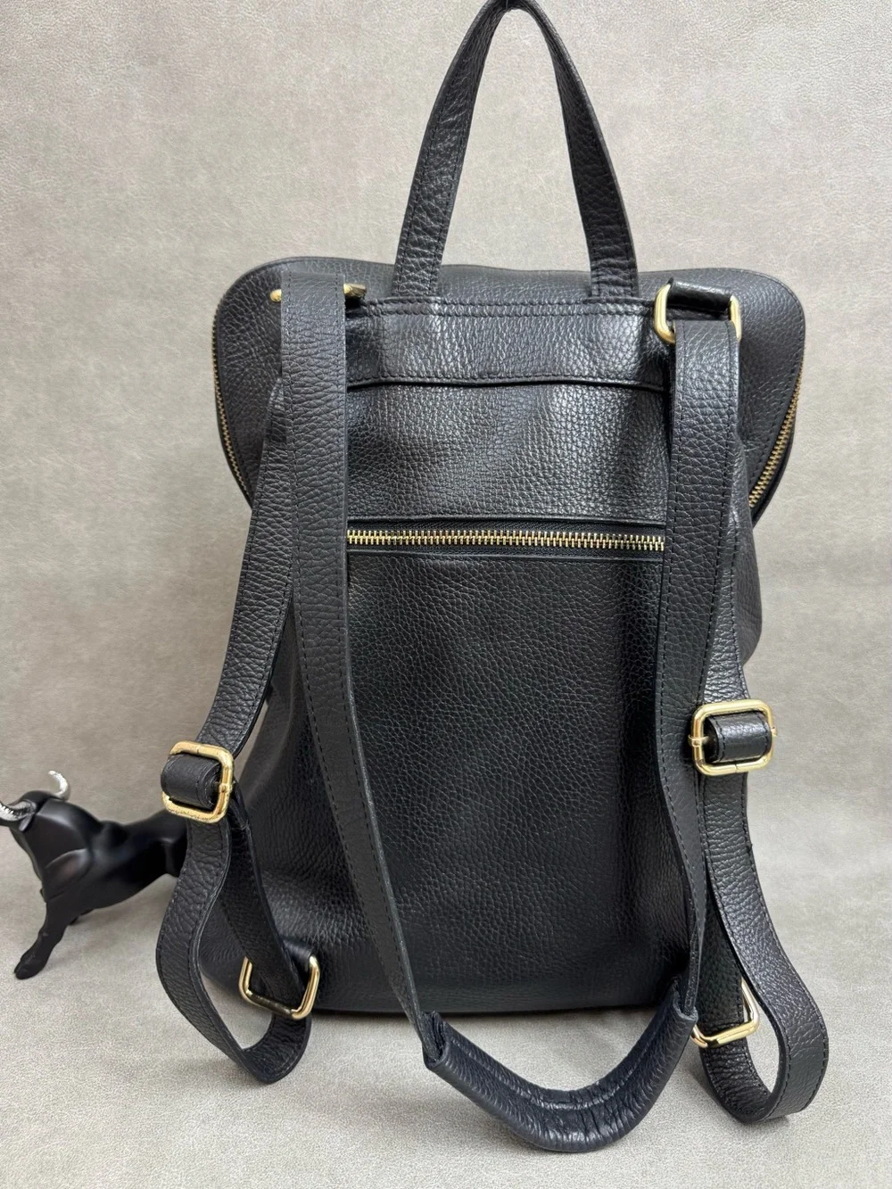 Black Pebbled Leather Backpack with Gold Zipper